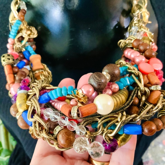 Multi Strand🩷SOLD🩷 BEADED CHUNKY STATEMENT NECKLACE SEQUIN ⭐️ NWT WOOD GLASS - Picture 12 of 14
